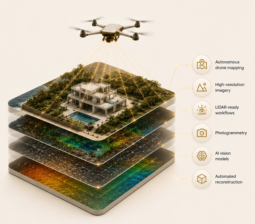 A drone capturing a property in layered data — autonomous drone mapping, high-resolution imagery, LiDAR-ready workflows, photogrammetry, AI vision models, and automated reconstruction — feeding a 3D modeling dashboard.
