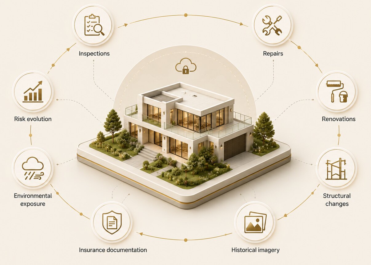 A secured property at the center of its digital record, orbited by everything it remembers: inspections, repairs, renovations, structural changes, historical imagery, insurance documentation, environmental exposure, and risk evolution.