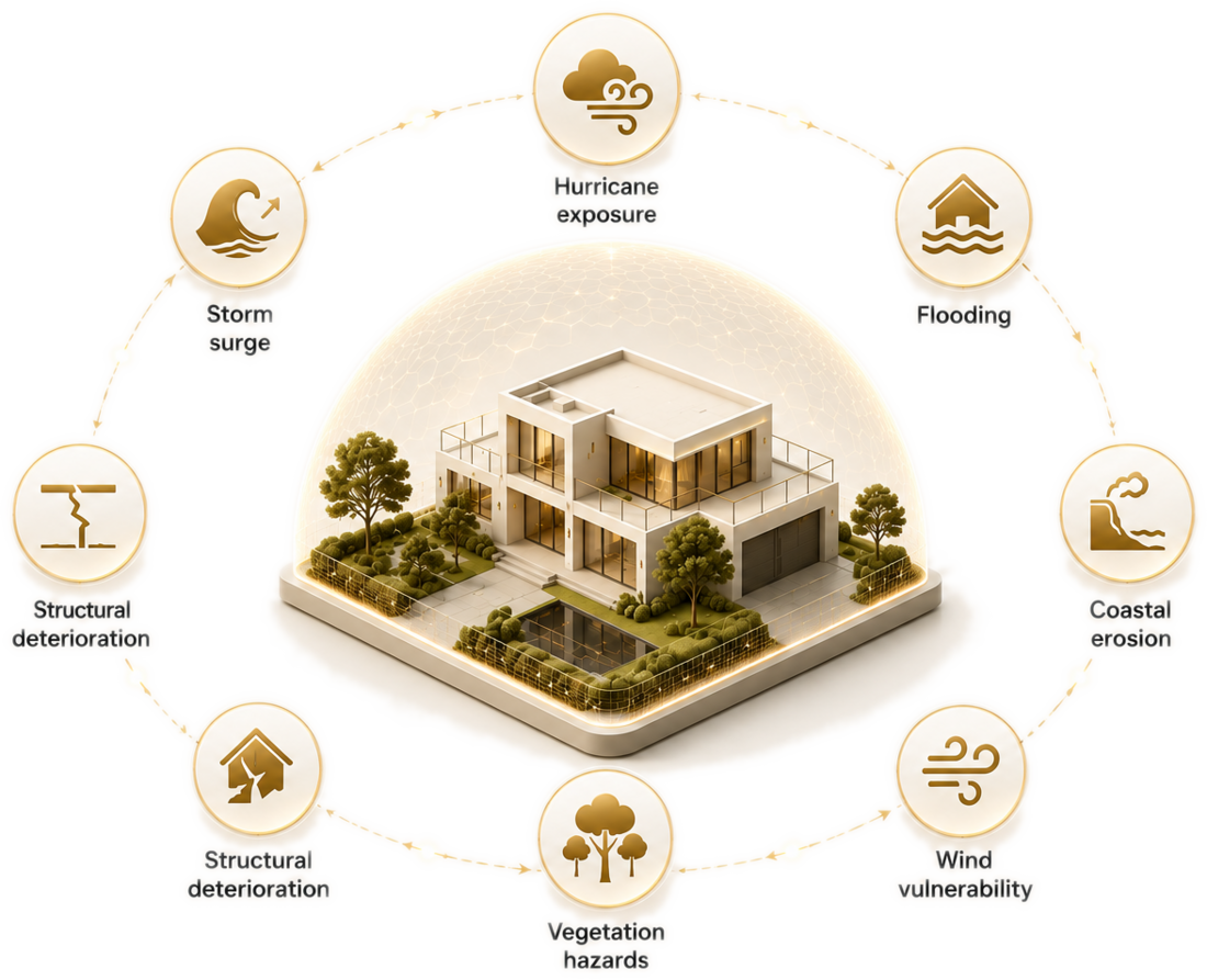 A property protected under a resilience dome, ringed by the hazards Terrynn evaluates: hurricane exposure, storm surge, flooding, coastal erosion, wind vulnerability, structural deterioration, and vegetation hazards.